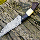 The Wilderness Elite: 10.5-Inch Hunting Knife with Full Tang Damascus Steel Blade, Bone and Wenge Wood Handle