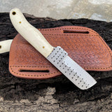 Bull Cutter Knife For Sale, 8.25-Inch Knife with Rasp Tool Steel Full Tang Blade, Bone Handle, and Leather Sheath