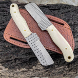 Bull Cutter Knife For Sale, 8.25-Inch Knife with Rasp Tool Steel Full Tang Blade, Bone Handle, and Leather Sheath