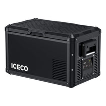 ICECO portable fridge freezer in black, top lid closed and vents on front panel