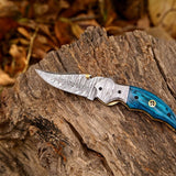 Custom Handmade Damascus Steel EDC Folding Pocket Knife – Exotic Wood Handle, 3-Inch Blade, Leather Case – Ideal Wedding Gift