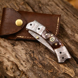 Custom Handmade Damascus Steel EDC Folding Pocket Knife – 3-Inch Blade, Sheep Horn Handle, Leather Case – Perfect Wedding Gift by KBS Knives