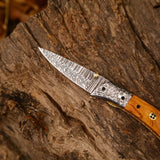 Hand Engraved Custom Damascus Steel EDC Folding Pocket Knife | 3-Inch Blade, Olive Wood Handle, Leather Case | Gift Idea