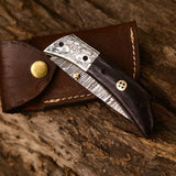 Hand Engraved Custom Damascus Steel EDC Folding Pocket Knife | 3-Inch Blade, Wenge Wood Handle, Leather Case | Anniversary Gift Idea