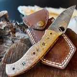 Custom Handmade Damascus Steel Folding Pocket Knife with Hand Engraved Brass Handle