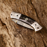 New Custom Handmade Damascus Steel Tanto Blade EDC Folding Pocket Knife | 3-Inch Blade, Buffalo Horn Handle, Leather Case | Perfect Gift by KBS Knives