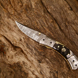 Best Custom Handmade Damascus Steel EDC Folding Pocket Knife | 3-Inch Blade, Sheep Horn Handle, Leather Case | Ideal Gift for Any Occasion by KBS Knives