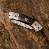 Custom Handmade Damascus Steel Tanto Blade EDC Folding Pocket Knife | 3-Inch Blade, Wenge Wood Handle, Leather Case | Groomsman Gift