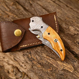 Custom Handmade Damascus Steel EDC Folding Pocket Knife | 3-Inch Blade, Colored Bone Handle, Leather Case | Ideal Gift for Any Occasion by KBS Knives