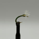 Chironomid buzzer fly lure on black stem, green segmented body, feather tail, gold head