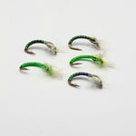 Chironomid buzzer fly lures, three pack, green bead with feather tail, double hooks