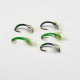 Chironomid buzzer fly lures, three pack, green bead with feather tail, double hooks
