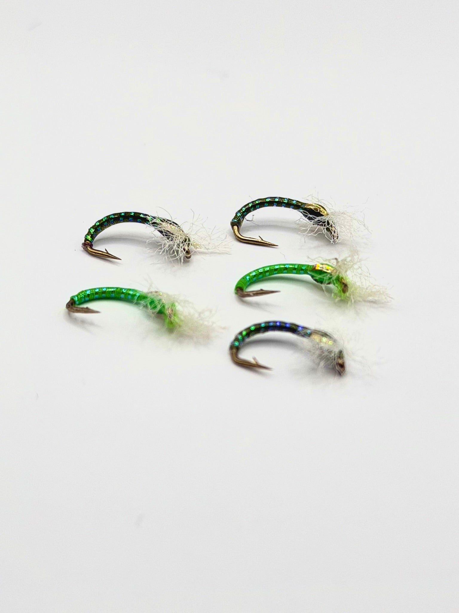 Chironomid buzzer fly lures, three pack, green bead with feather tail, double hooks