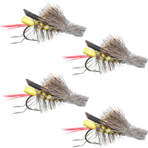 Set of four yellow foam grasshopper flies with gray hackle and red tail fibers