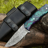 Custom Handmade Damascus Steel Hunting Knife with Epoxy Resin Handle and Leather Sheath - 8.5 Inches by KBS Knives Store