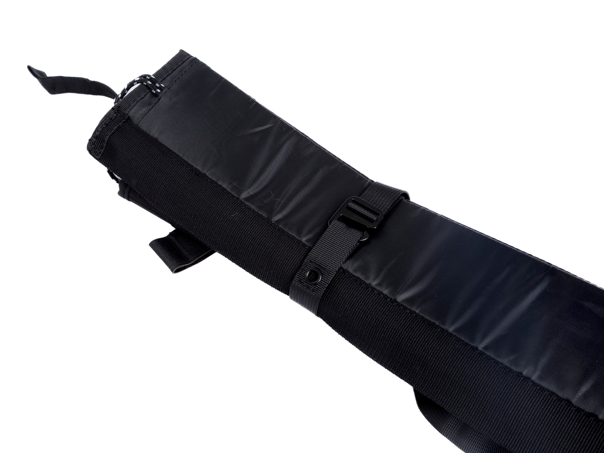 Black privacy curtain rolled strap with buckle and attachment tabs