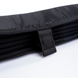 Black privacy curtain fold with interior mesh-like fabric strap