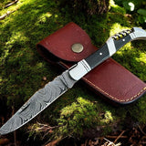 Champion Folding Pocket Knife: Damascus Steel with Buffalo Horn Handle