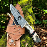 Handmade Deer Guthook Knife – 5" Feather Damascus & Antler Handle