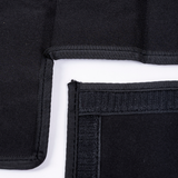 Black privacy curtain hem with reinforced corner and stitched pocket panel