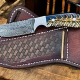 Rancher’s Knife – Damascus Steel with Pine-Cone Resin Handle & Leather Sheath
