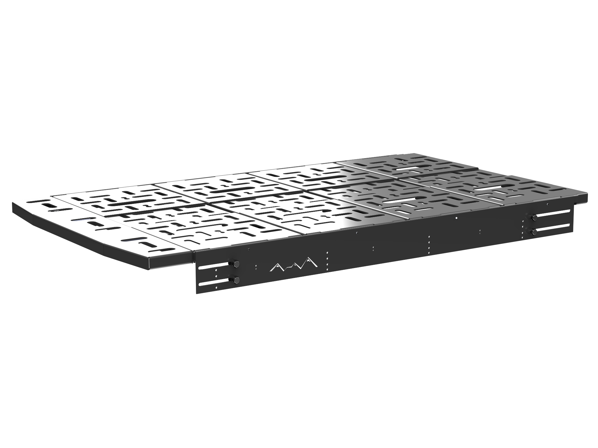 Perforated black wheel well box mini bed with side mounting brackets