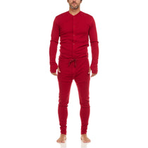 True red merino union suit with button-front and drawstring waist, long sleeves