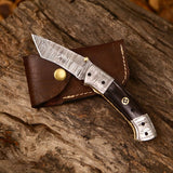 Custom Handmade Damascus Steel Tanto Blade EDC Folding Pocket Knife | 3-Inch Blade, Wenge Wood Handle, Leather Case | Groomsman Gift