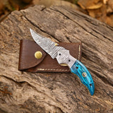 Custom Handmade Damascus Steel EDC Folding Pocket Knife – Exotic Wood Handle, 3-Inch Blade, Leather Case – Ideal Wedding Gift