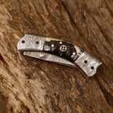 Best Custom Handmade Damascus Steel EDC Folding Pocket Knife | 3-Inch Blade, Sheep Horn Handle, Leather Case | Ideal Gift for Any Occasion by KBS Knives