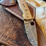 Custom Handmade Damascus Steel Folding Pocket Knife with Hand Engraved Brass Handle