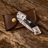 New Custom Handmade Damascus Steel Tanto Blade EDC Folding Pocket Knife | 3-Inch Blade, Buffalo Horn Handle, Leather Case | Perfect Gift by KBS Knives