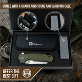 The Clip Point, Straight Back, Pioneer Folding Pocket Knife Giftset Combo (Silver and Green)
