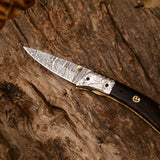 Hand Engraved Custom Damascus Steel EDC Folding Pocket Knife | 3-Inch Blade, Wenge Wood Handle, Leather Case | Anniversary Gift Idea