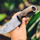 Deer Skinning Knife Custom Handmade Full Tang Damascus Steel with Walnut Wood Finger Hole Handle, 8.5-inch - The Walnutblade