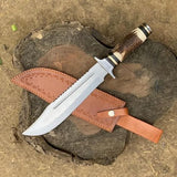Highland Hunter: Custom Handmade Hunting Bowie Knife with D2 Steel Blade, Antler Horn Handle, Steel Guard, and Leather Sheath