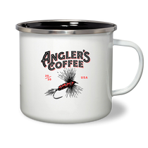 White enamel camp mug with black rim and red logo graphic, right-side handle