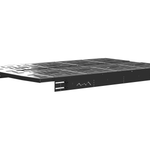 Angled view of black perforated wheel well bed platform with side rails