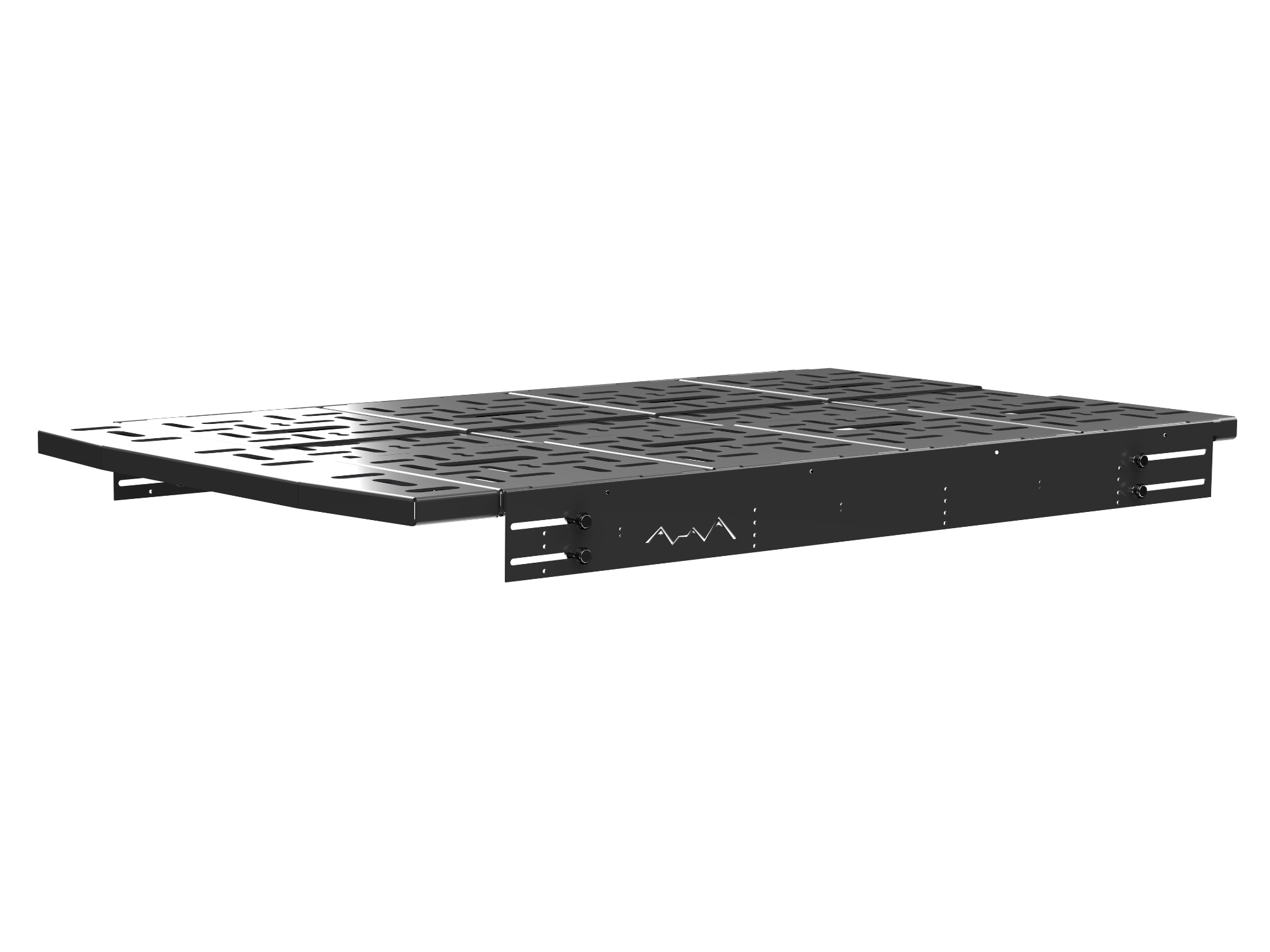Angled view of black perforated wheel well bed platform with side rails