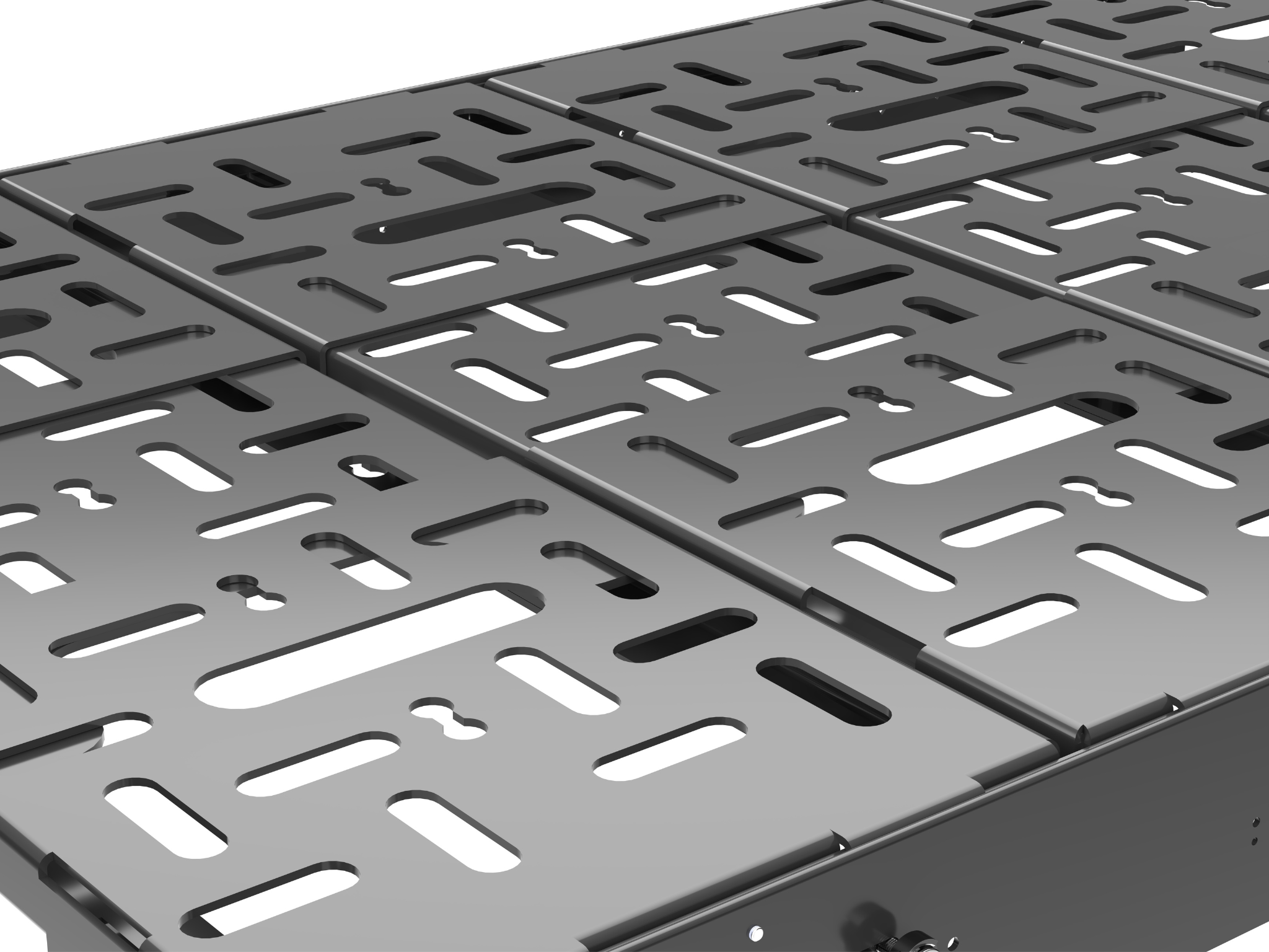 Close-up of black perforated platform with rectangular cutouts and raised edges