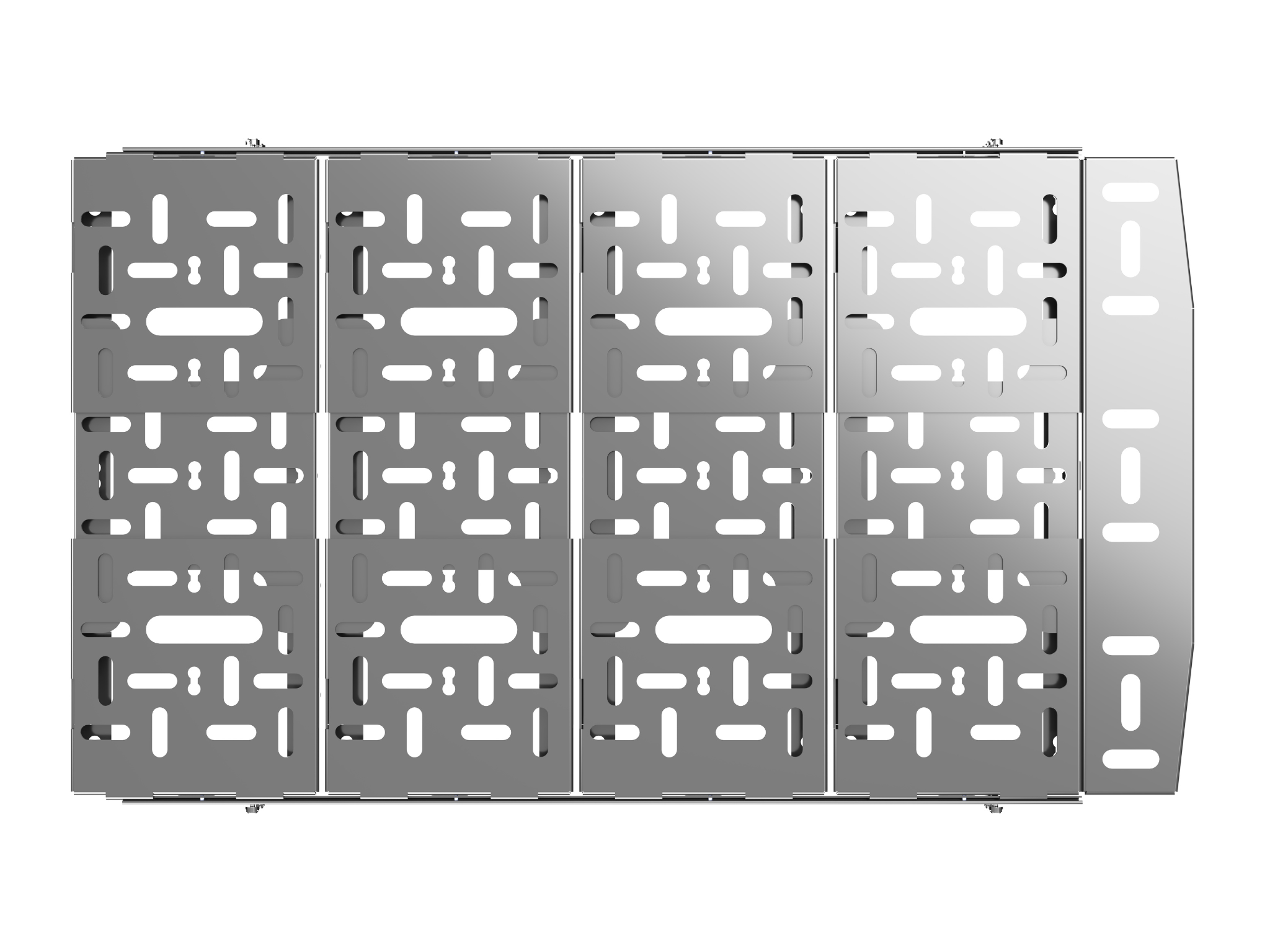 Front view of black perforated wheel well bed panel with cutout pattern
