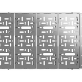 Front view of black perforated wheel well bed panel with cutout pattern