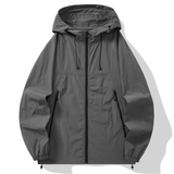 Dark gray hooded jacket with full front zipper, stand collar, two side pockets