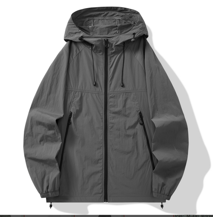Dark gray hooded jacket with full front zipper, stand collar, two side pockets