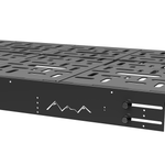 Black side rail and front latch brackets on perforated wheel well bed platform