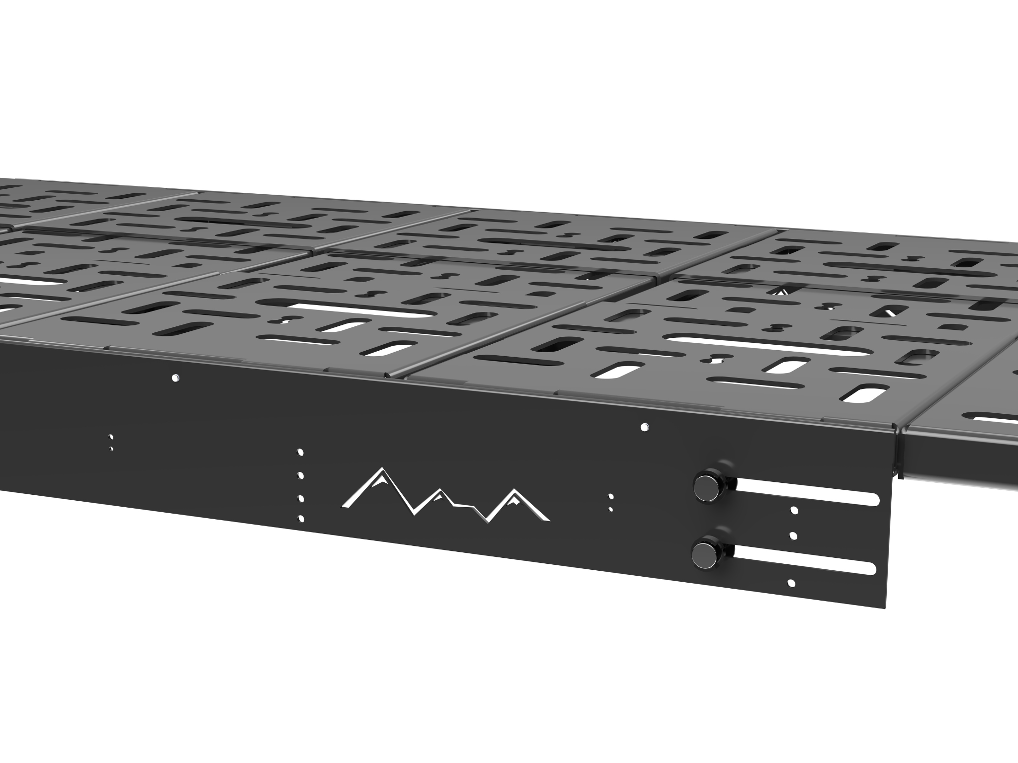 Black side rail and front latch brackets on perforated wheel well bed platform