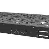 Black side rail and front latch brackets on perforated wheel well bed platform