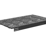 Black wheel well bed platform with four mounting brackets and perforated surface
