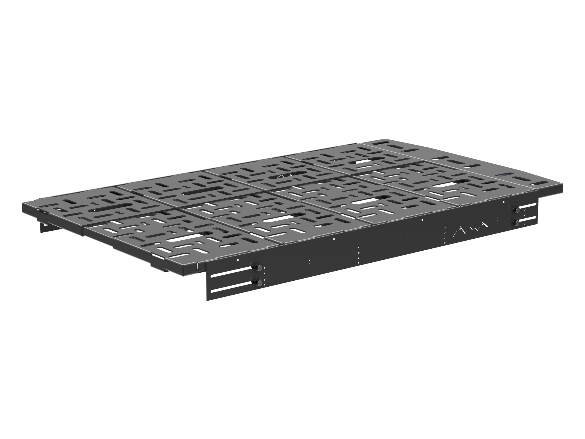 Black wheel well bed platform with four mounting brackets and perforated surface