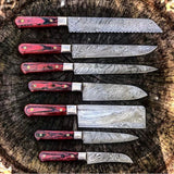 Sculpted Elegance: 7-Piece Kitchen Knives Set with Twist Damascus Steel Blades, Exotic Wood Handles, and Leather Roll